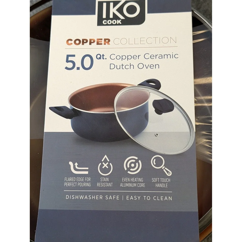 IKO Cook Copper Collection 5.0 Qt Dutch Oven Ceramic Nonstick Blue Matte Lid NWT